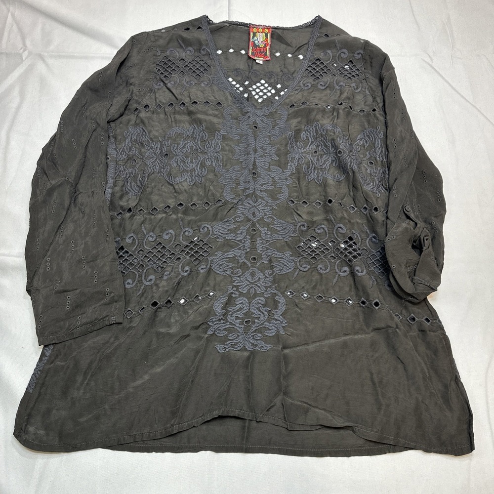 Johnny Was Shirt Womens Small Black Tunic Embroidered Sheer Boho Whimsical